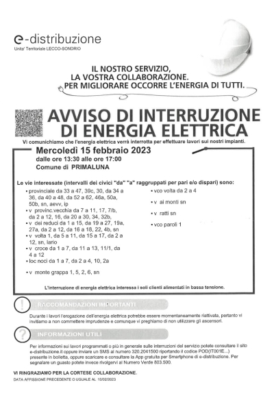 MERCOLEDI&#039; INTERRUZIONI ENERGIA ELETTRICA A PRIMALUNA