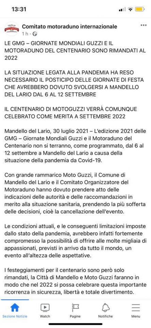 ANNULLATO IL MOTO RADUNO GUZZI PER IL CENTENARIO