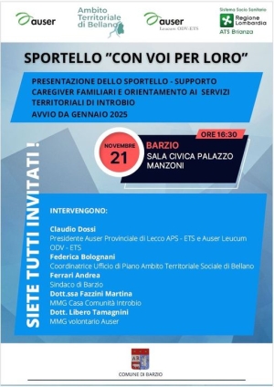 A BARZIO IL 21 NOVEMBRE PRESENTAZIONE DELLO SPORTELLO AUSER &quot;CON VOI PER LORO&quot;