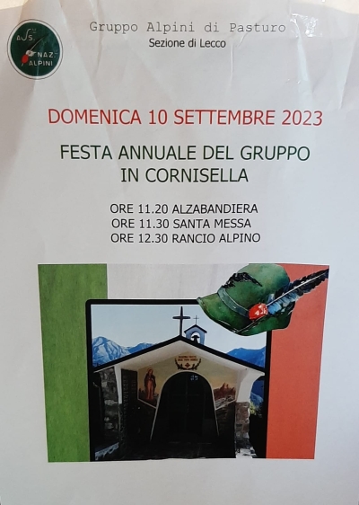 DOMANI GLI ALPINI DI PASTURO FESTEGGIANO IN CORNISELLA